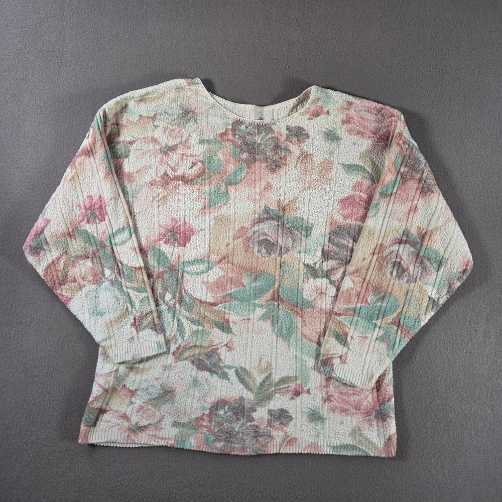 Vintage Floral Sweater Womens Medium Rose Ribbed Pullover Cotton Blend Made USA